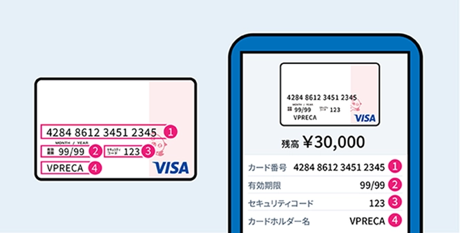 Ｖプリカのカード情報（番号・有効期限・セキュリティコード・名義）の画面表示例
