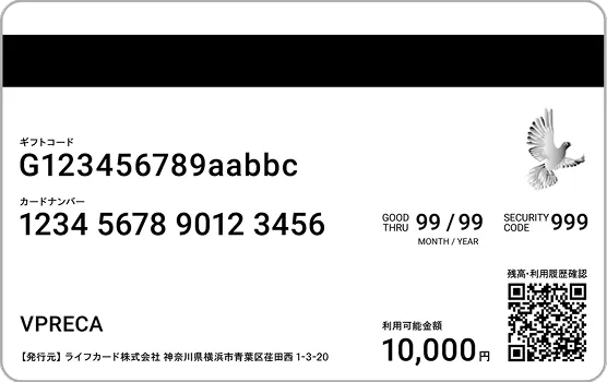 ギフトコード、カードナンバー、利用可能金額などが記載されたVisaギフトカード（Ｖプリカギフト）の裏面